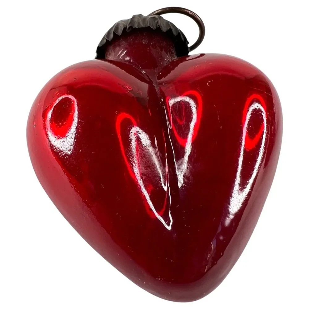 2 Modern Kugel Style Heart Shape Glass Christmas Ornament‎ Red Purple Metal Caps